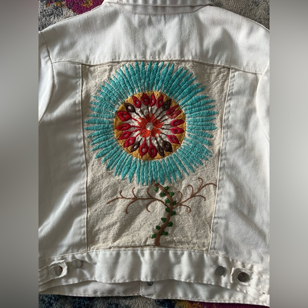 Vintage Embroidered Maverick Tan Denim Jacket Made in USA Unique One of a Kind S - Picture 6 of 8